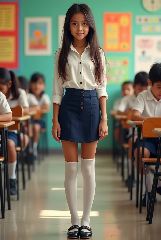 Masterpiece, best quality, realistic, high_resolution, full body picture,
Mexican girl, (13 yeen body, shortture, ((round breasts)) , Latin skin, straight hair, wearing a school uniform, tight mini-skirt, white shirt, red vest, dark blue miniskirt, white stockings, black heels), dynamic pose, in school background