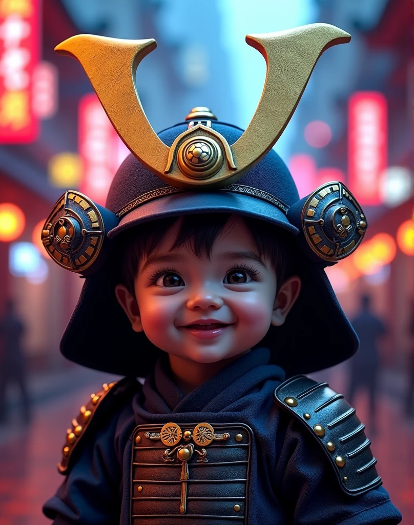 A cute baby ((samuray-japan)), mask-samuray detailed comic-book, body detail enhanced, glowing golden black blue-lavanda neon lights, smile excessive, insane pose, cityscape of tokio Mediaeval in the background, cinematic lighting, best quality, 8k, highres, masterpiece, ultra-detailed, realistic, photorealistic, photo-realistic, intricate Mediaeval details, advanced dark technology, dramatic shadows, moody color palette, aesthetics, dynamic lighting, cinematic composition