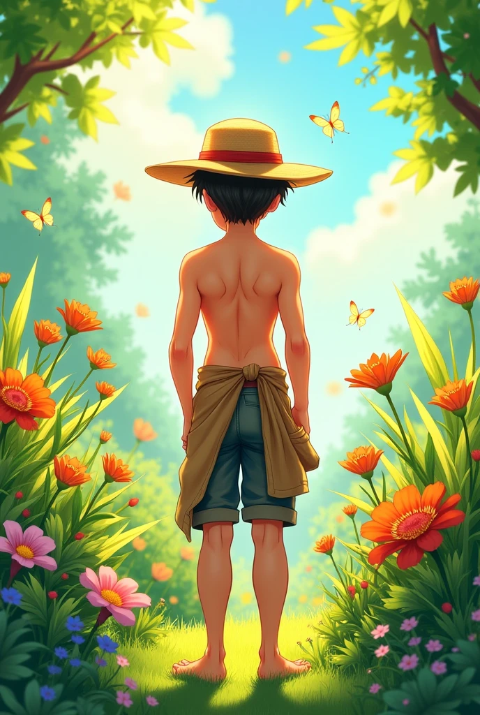 gardener, naked young guy in an apron and a straw hat. back view. naked butt. in anime style