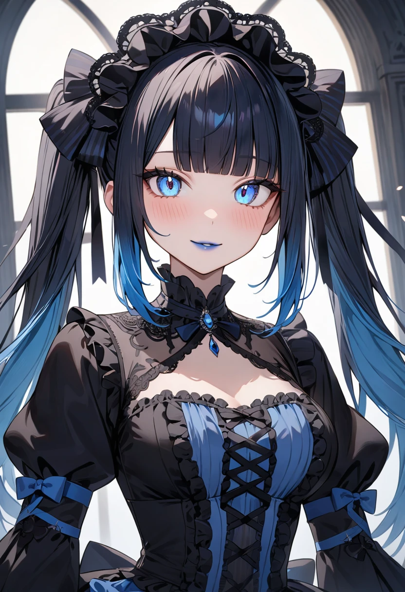 (masterpiece, top quality, very aesthetic, 4k、illustration), intricate detail, 1woman,solo,contrapposto 、()、Strong glowing eyes、blunt bangs,Fair skin,(upper body)、light smile 、twintails、(Blue lipstick),beautiful face、Blushing,(gradient hair)、multicolored hair,middle hair,sidelock ,blue eyes、gothic lolita dress、medium breasts、slender 、