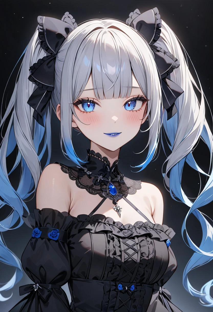 (masterpiece, top quality, very aesthetic, 4k、illustration), intricate detail, 1woman,solo,contrapposto 、()、Strong glowing eyes、blunt bangs,Fair skin,(upper body)、light smile 、twintails、(Blue lipstick),beautiful face、Blushing,(gradient hair)、multicolored hair,middle hair,sidelock ,blue　eyes、gothic lolita dress、medium breasts、slender 、