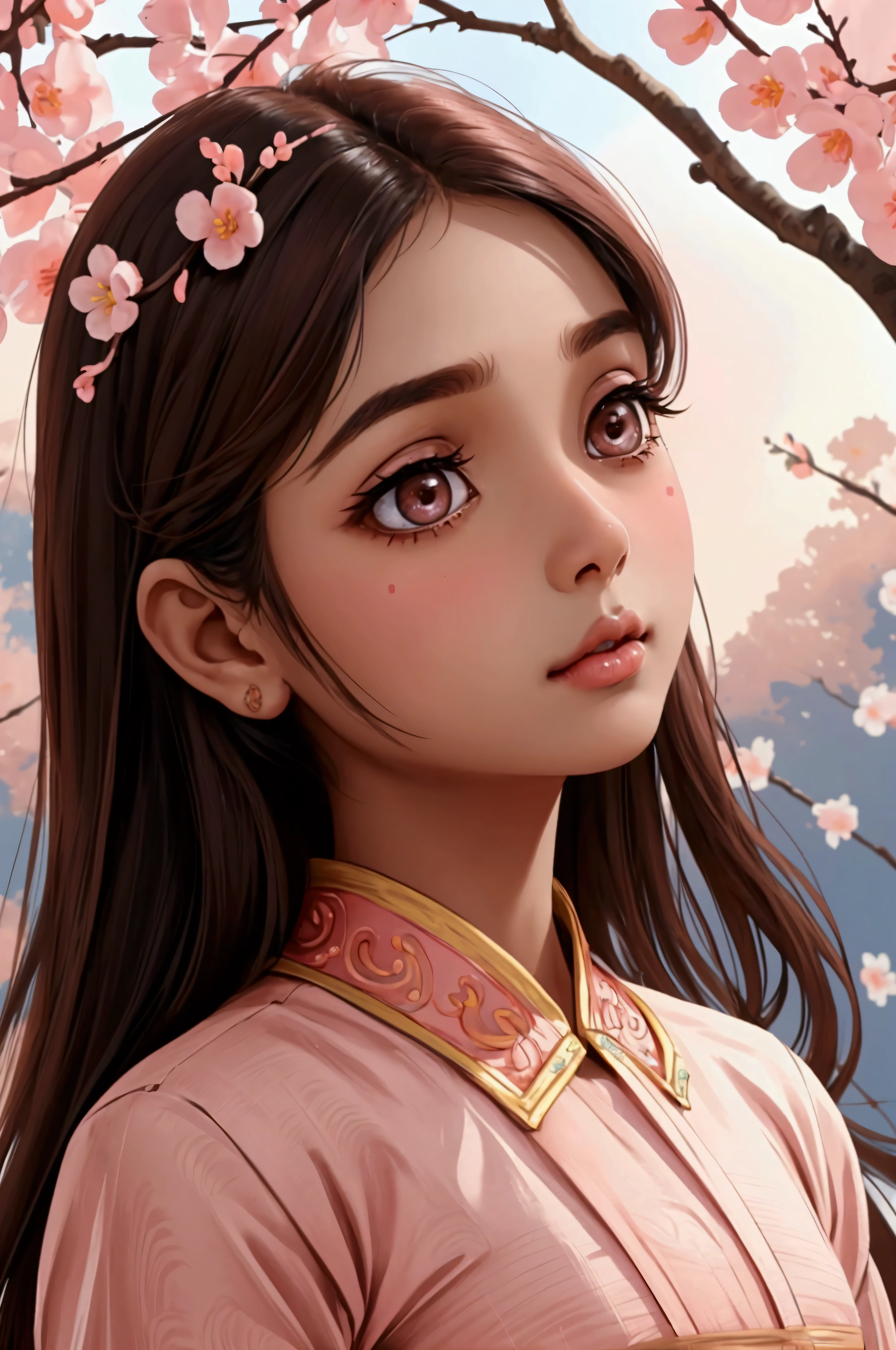 Beautiful and charming Indian woman、Translucent brown skin、Half-body photo、Attractive oval face、double eyelid、Bright peach blossom eyes、Pink Lips、Small Nose、Concentrated face、profile、Looking up at the sky、Face close-up、Ultra-high resolution、Super detailed、Graceful posture、Ethnic costume dress。