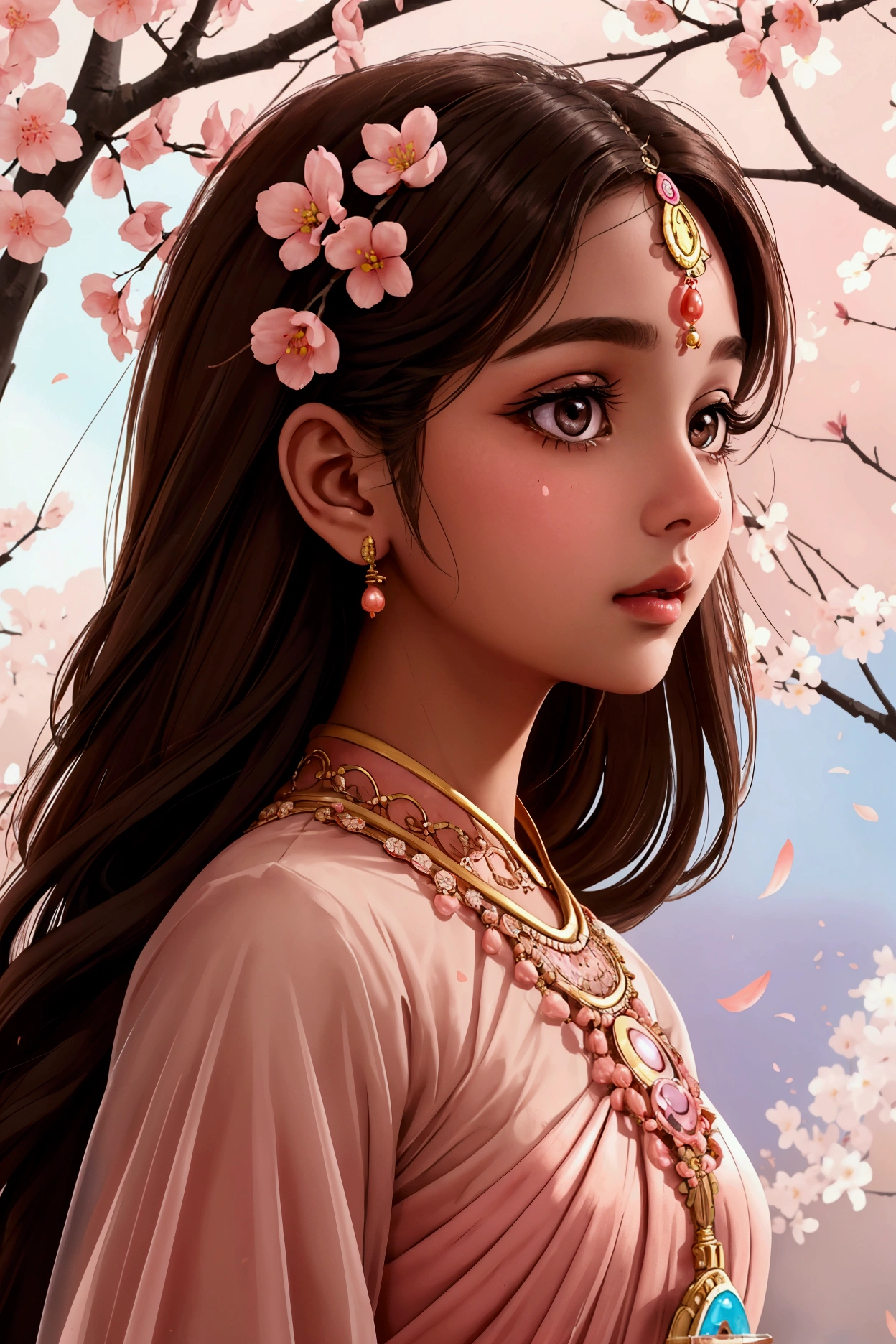 Beautiful and charming Indian woman、Translucent brown skin、Half-body photo、Attractive oval face、double eyelid、Bright peach blossom eyes、Pink Lips、Small Nose、Concentrated face、profile、Looking up at the sky、Face close-up、Ultra-high resolution、Super detailed、Graceful posture、Ethnic costume dress。