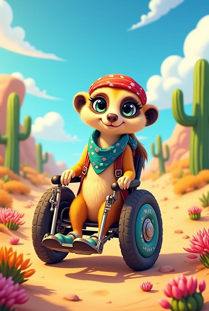 Cartoon adventerous female meerkat in a wheelchair