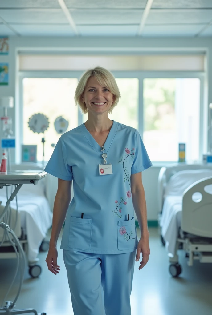 infirmiere cheveux courts blonds avec uniforme chambre hopital