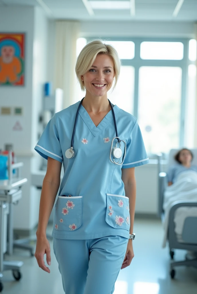 infirmiere cheveux courts blonds avec uniforme chambre hopital