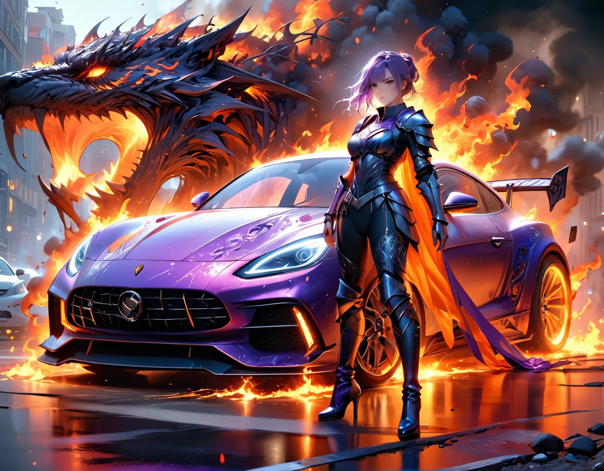 a beautiful female knight ready for battle, stands near her  loyal car, a mature female paladin knight, holy warrior, ((full body: 1.5)), ((anatomically correct: 1.5)), (ultra detailed face: 1.2), looking tense, looking dangerous, dynamic eye color, dynamic hair color, dynamic hair style dynamic skin complexion, holding a radiant sword, holy sword, divine sword, wearing intricate armor, wearing high heeled boots, BREAK standing near her car, divine car, magical car, ready to battle car, car wreathed in flames, holy intricate runes, slick car,  vibrant, Ultra-high resolution, High Contrast, (masterpiece:1.5), highest quality, Best aesthetics), best details, best quality, highres, 16k, (ultra detailed: 1.5), masterpiece, best quality, (extremely detailed) RAW, (ultra details, Masterpiece, best quality), Cinematic Hollywood Film, GlowingRunesAI_purple, faize