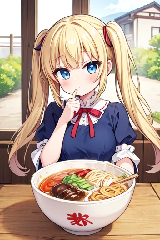 Eat a mountain of ramen,Highest quality,Blonde with blue eyes、****ta、Small breasts、Twin tails、girl&#39;mischief,smile,10 years old,A ramen bowl towering like Mount Everest, filled with vegetables.,