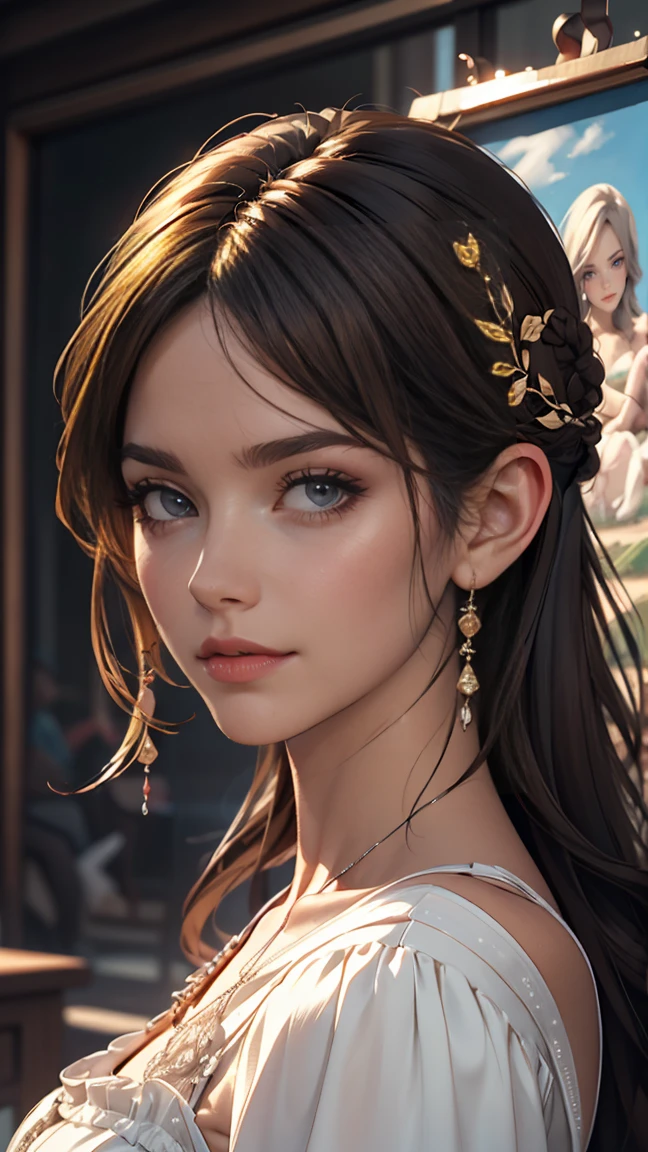 photoRealistic, Lip gloss, Painting, Realistic, highest quality, Ultra-high resolution, depth, pastel colour, Natural Shading, Focus on the face, Face only, View your viewers, Long Hair, hair accessory, Black Hair, Brown, well-detailed eyes, dress