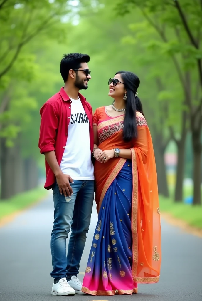 18 years old couple standing in beautiful rod with stylish pose, with eyes to eyes contact with romantic smile, with black Skorpio car. Boy wearing white t- shirt with red shirt, with name “Saurabh”write on t-shirt and girl wearing plain blue, orange and pink colours saree, with name “anushka ” write on saree, with white shoes. they are looking so Pretty, cute, indian, smiling, necklace, happy, sunglasses. Beautiful trees in back, high quality 4k picture, full blurring background
