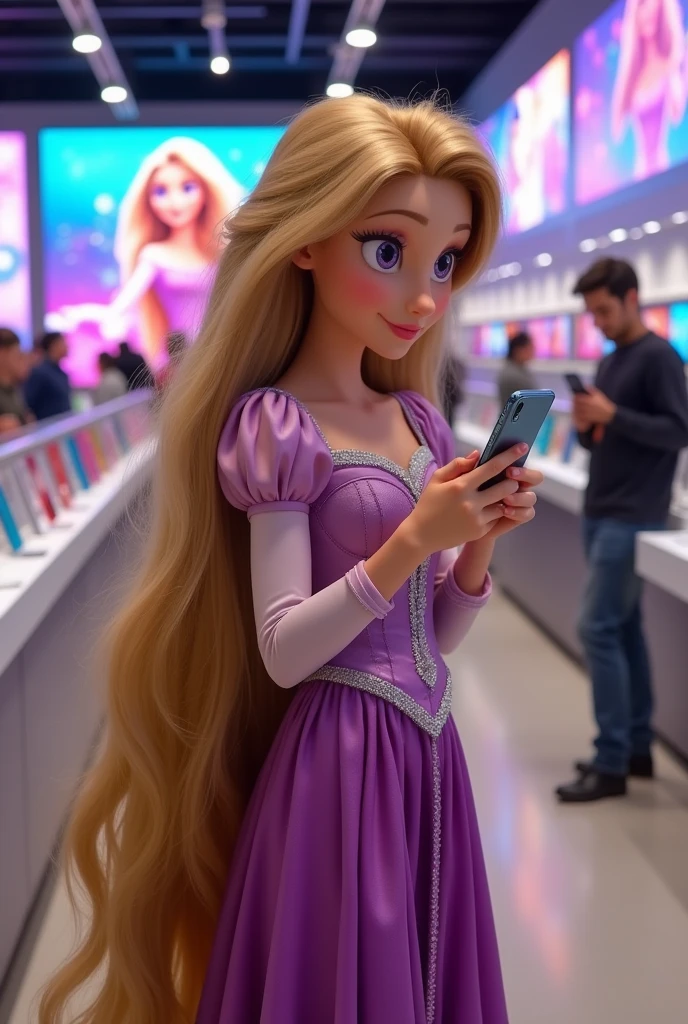princess rapunzel is holding cell phone with background cellphone store