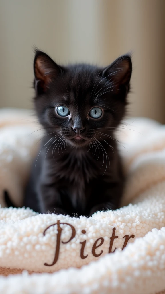 An ultra-realistic and highly detailed image of a tiny, all-black kitten sitting on a towel with the word "Pietra" written on it. The kitten is incredibly cute, with bright, curious eyes and soft, fluffy fur. The towel is a soft, light-colored fabric that contrasts beautifully with the kitten's dark coat. The scene is captured with a Canon EOS R5 paired with a 50mm f/1.2L USM lens, ensuring stunning clarity and rich details. The lighting is soft and natural, highlighting the kitten's adorable features and the texture of the towel. The aspect ratio is 9:16, emphasizing the vertical composition