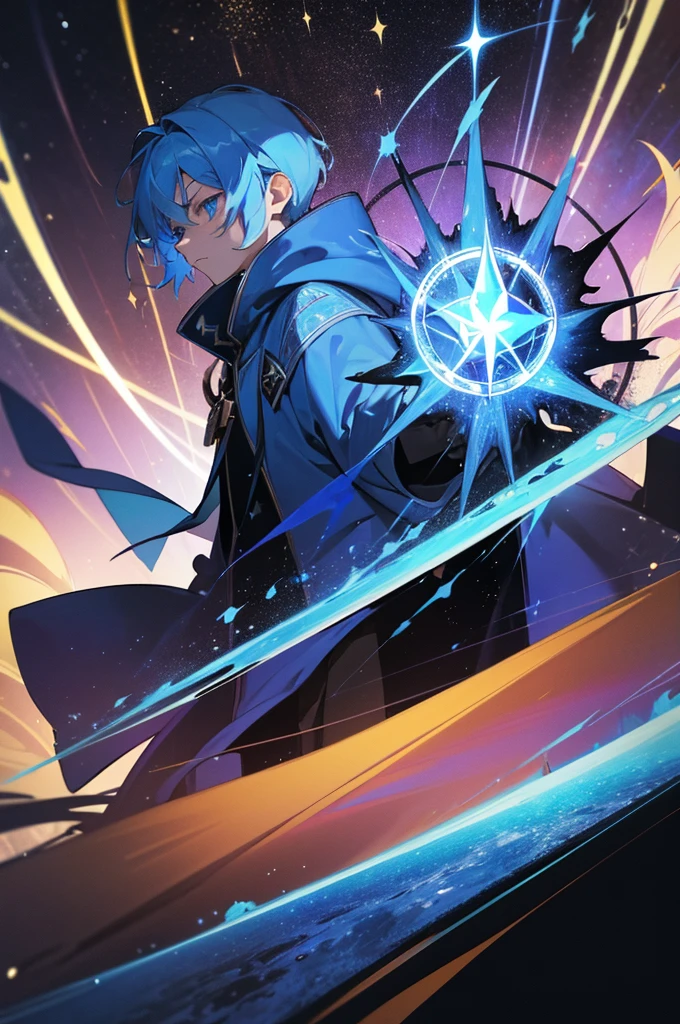 A young man with blue hair and blue eyes, wearing a blue hooded robe, is deploying a giant black magic circle. The background shows a distortion of space-time, an asteroid belt, a supernova exploding in his hand, and a giant compass with rune inscriptions forming behind him. The magic circle is emitting energy.