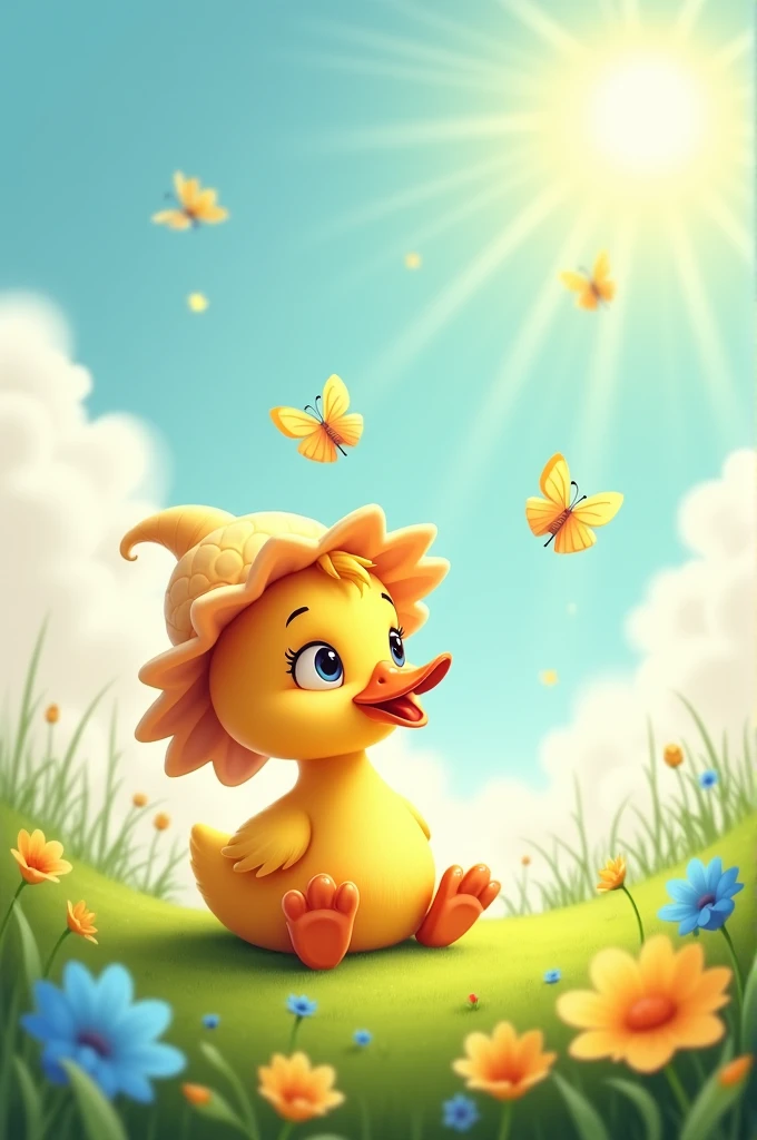 Cute duck,sitting on ground into Green Grass with flowers,soft pink touch,wearing a flowers hat,cartoon