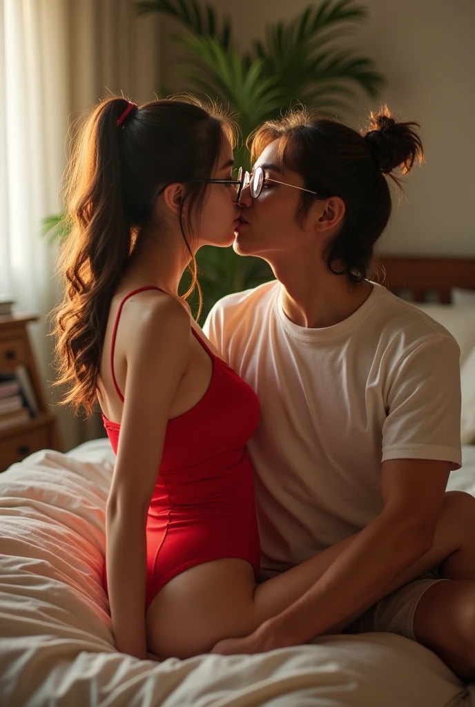 cute,The sexy girl is wearing a sexy one-piece red lingerie while studying on her desk with a low ponytail and slightly round glasses and bare feet. She looks sexy even without makeup. She has pills in her mouth. Her prominent boyfriend pulls her onto his lap and starts giving her hickeys. (He pins her down on the bed), Her glasses are still on and her hair is loose . They are locking lips