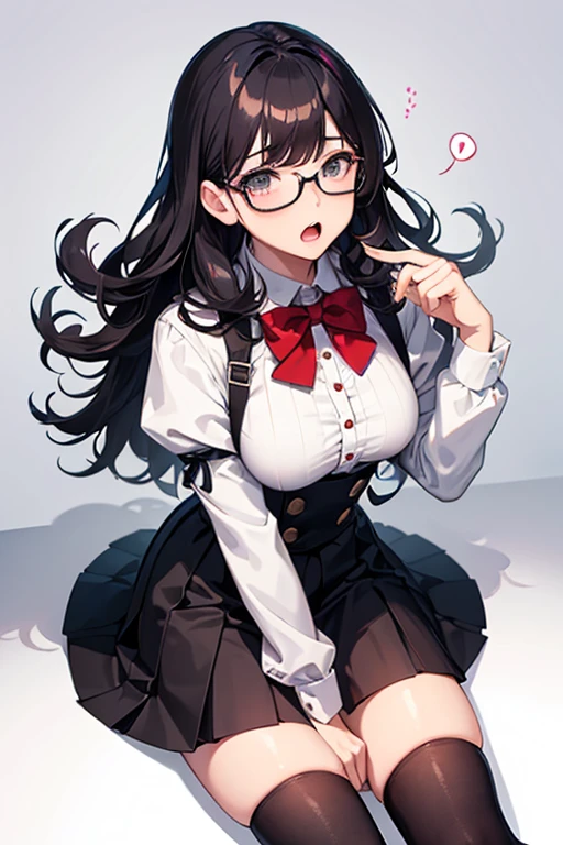 Young man, open mouth broad shoulders, crossdressing, wig long blone curly,  fake breasts, shirt, skirt, knee socks, threaten, suprised, scared, shy, modest, looking up. wearing glasses. 