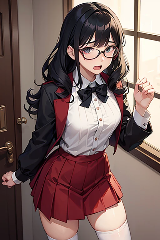 Young man, open mouth broad shoulders, crossdressing, wig long blone curly, fake breasts, shirt, skirt, knee socks, threaten, suprised, scared, shy, modest, looking up. wearing glasses.