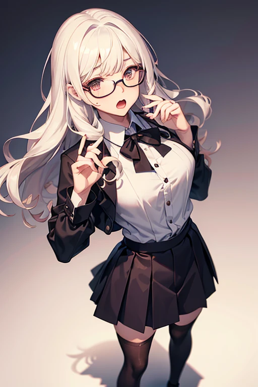 Young man, open mouth broad shoulders, crossdressing, wig long blone curly, fake breasts, shirt, skirt, knee socks, threaten, suprised, scared, shy, modest, looking up. wearing glasses.