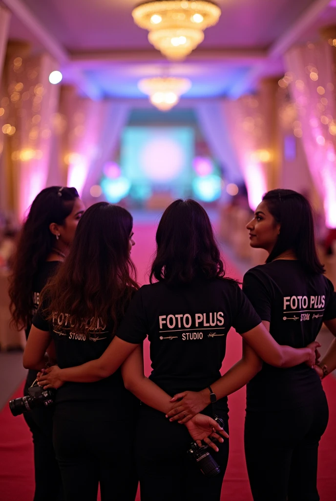 Here’s a detailed prompt you can use:
"A team of Indian female photographers, elegantly dressed in coordinated outfits suitable for a formal event. The T-shirts they wear have 'FOTO PLUS STUDIO' printed on the back. Each photographer is holding a DSLR camera, and they are standing together in the center of the image, viewed from behind. The scene highlights their professionalism, unity, and focus as they work to capture the event."