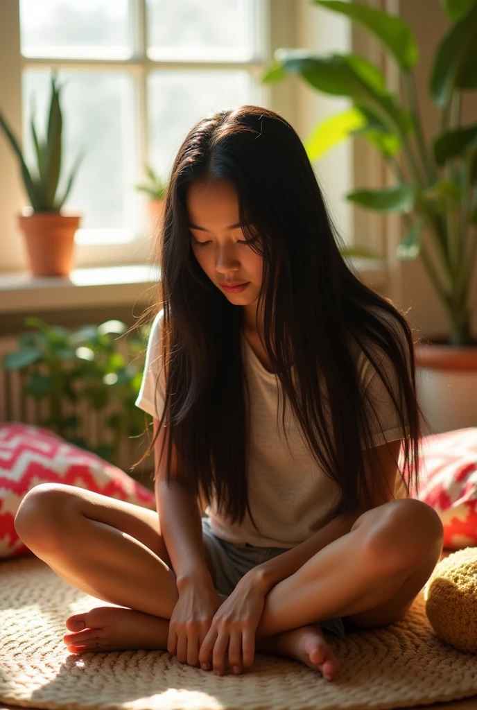 A teen girl oiling her black hairs 
