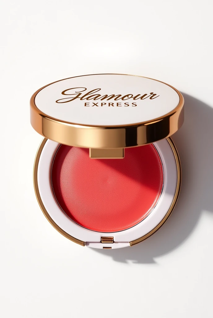 Create an image of a blush with a gold and white lid.. The base should be red and the packaging should display an elegant label with the brand name Glamour Express. Empty transparent white background