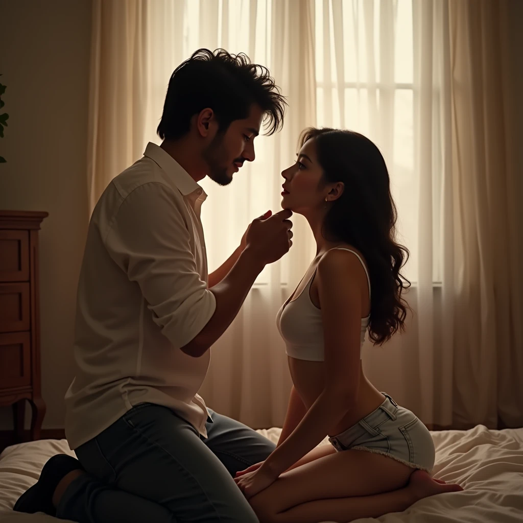 NSFW, a girl kneeling in front of a man ,(((1girl and 1man, couple, having sex))), (a man standing in front of a kneeling woman, grabbing her head),A bimbo masturbating a guy with her both hands, sucking his penis. girl excited looking at , (girl kneeling in front of a man:1.3), (woman tilting her head up), (1girl: very cute 28-year-old asian girl,shot from diagonally forward,