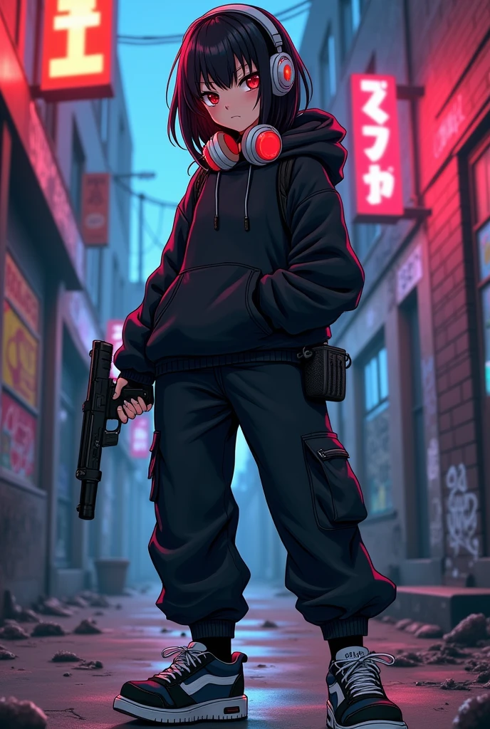 Ghetto sexy anime girl gang member with a Glock and a cigarette with a hoodie
