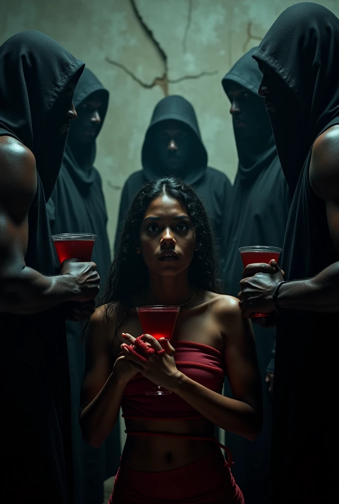 In a room 4 men black men all faces covered each holding a calabash of blood in their middle is a dark skin lady in her 20s scared and about to scream her hands are tied with a red rope 

