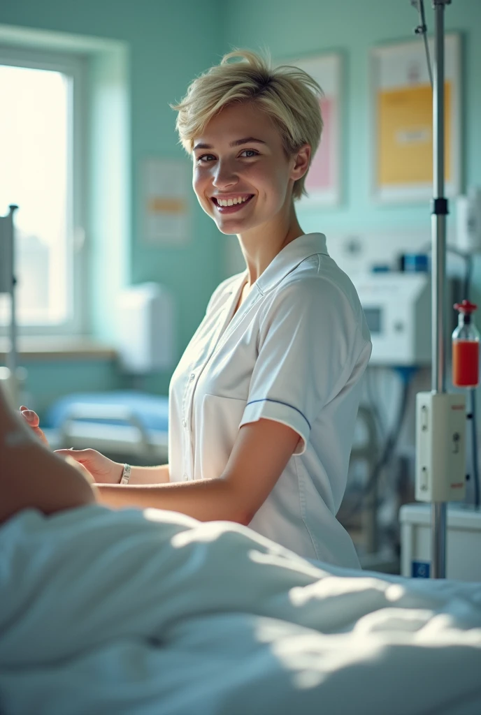 infirmiere adolescente cheveux courts blonds uniforme chambre hopital