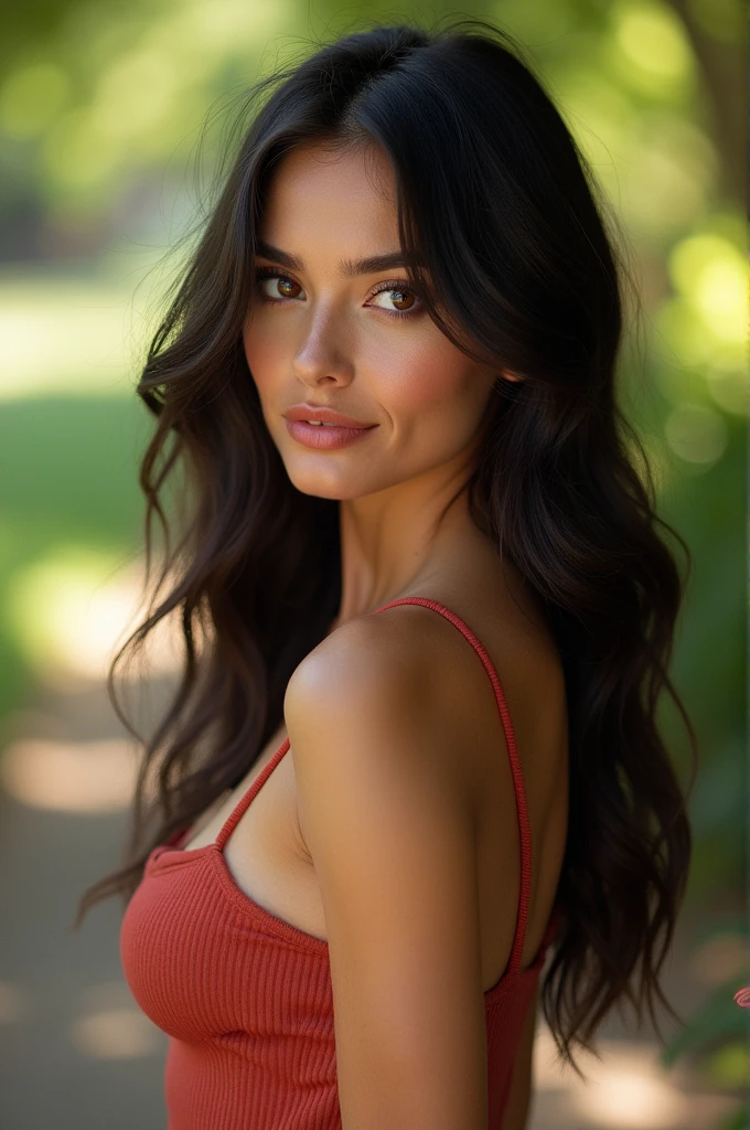 Female .25 yr old. 5'3 height. Long wavy raven hair reaching till butt. Hazel eyes with golden flecks on the middle and red plum lips. Pale and a bit rosy complexion. Enormous breast. Small waist, wide hips, thick thighs and curvy bubble butt. Really feminine and beautiful.
