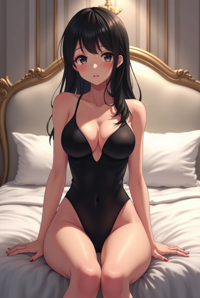 Sexy anime boy, gay, offwhite, thin and with black hair wearing a black bodysuit with thighs showing sleeveless on the arms, with the penis marking on the body inside a beautiful room with the white bed on top of the bed with the hands on the knees 