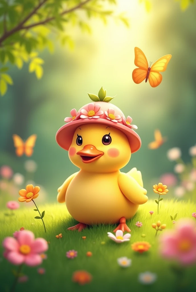 Cute duck,sitting on ground into Green Grass with flowers,soft pink touch,wearing a flowers hat,cartoon,sun butterflys