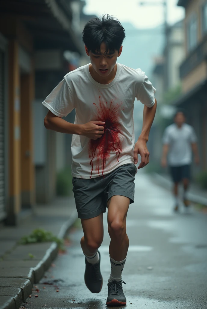 a handsome 17 year old korean boy, wearing bloody white shirt, short pants and soccer socks, a stab wound on his right stomach, painful expression, cold sweat, running on street, chased by someone, heavily bleeding wound, holding stomach wound with hand, bloody hand, little blood on floor, (best quality,4k,8k,highres,masterpiece:1.2),ultra-detailed,(realistic,photorealistic,photo-realistic:1.37),dramatic lighting,cinematic,hyper-realistic,intricate details,vivid colors,award winning photography,chiaroscuro,dramatic shadows