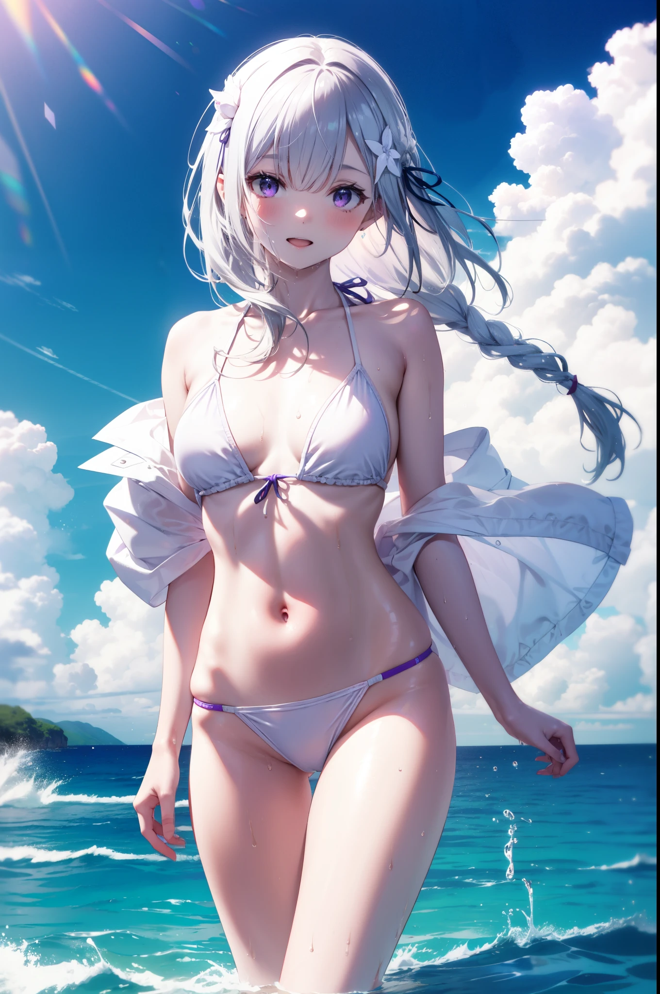 rezeroEmilia, Emilia,flower, hair flower, hair ornaments, Hair Ribbon, Long braids, (Purple eyes:1.2), Pointed Ears, white flower, x hair ornaments, smile,Open your mouth,White string bikini swimsuit,barefoot,Wet Hair,Wet Skin,Wet Hair,Water Play,Daytime,Clear skies,True Summer,whole bodyがイラストに入るように,
break outdoors, Ocean,Beach,
break looking at viewer, whole body,(Cowboy Shot:1.5),
break (masterpiece:1.2), Highest quality, High resolution, unity 8k wallpaper, (figure:0.8), (Beautiful attention to detail:1.6), Highly detailed face, Perfect lighting, Highly detailed CG, (Perfect hands, Perfect Anatomy),