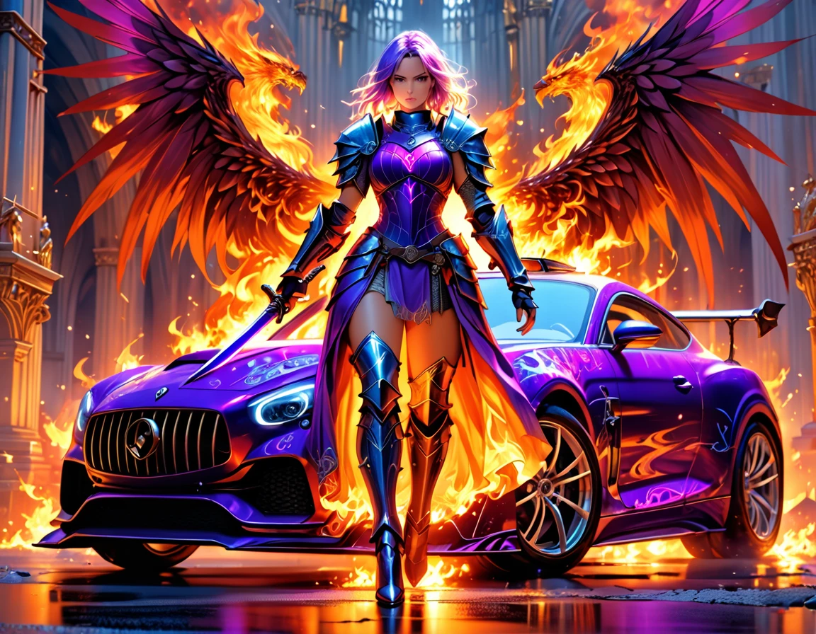 a beautiful female knight ready for battle, stands near her loyal car, a mature female paladin knight, holy warrior, ((full body: 1.5)), ((anatomically correct: 1.5)), (ultra detailed face: 1.2), looking tense, looking dangerous, dynamic eye color, dynamic hair color, dynamic hair style dynamic skin complexion, holding a radiant sword, holy sword, divine sword, wearing intricate armor, wearing high heeled boots, BREAK standing near her car, divine car, magical car, ready to battle car, car wreathed in flames, holy intricate runes, slick car, vibrant, Ultra-high resolution, High Contrast, (masterpiece:1.5), highest quality, Best aesthetics), best details, best quality, highres, 16k, (ultra detailed: 1.5), masterpiece, best quality, (extremely detailed) RAW, (ultra details, Masterpiece, best quality), , GlowingRunesAI_purple, faize