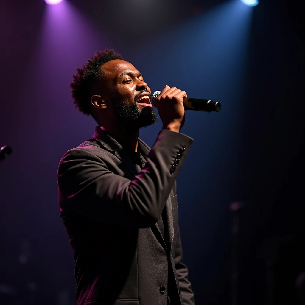 A black male soul singer singing in the spotlight