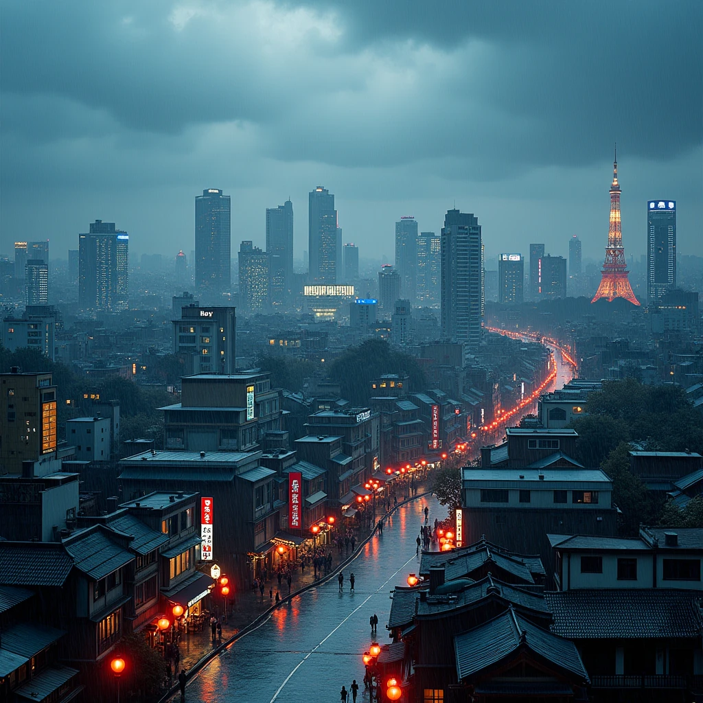 CITY OF JAPAN VIEW FROM ABOVE RAINY WEATHER NO PEOPLE