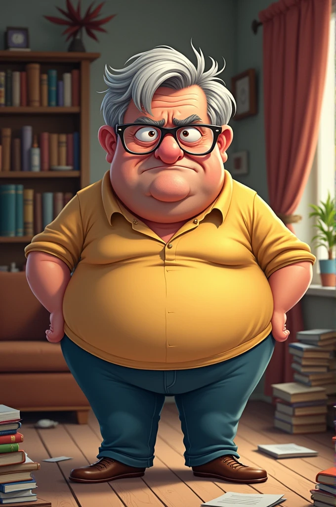 Show an image of a guy with a huge head, glasses, gray hair, a pot belly and a grumpy face.