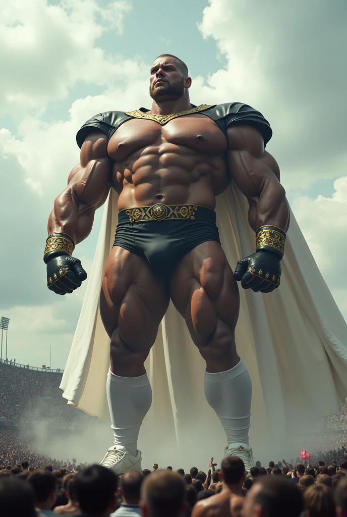 He has enormous muscles, muscles so big they make his head look small compared to his body. The muscles of his shoulders are so big and inflated that they seem to surround his head and make it look small. His legs are more muscular and enormous, They are twice as long as those of a normal body, and these are three times larger and more muscular., His thighs look especially more developed and inflated with muscles which he wears a pair of extra-long white Nike football stockings that he wears stretched up to his knees and white Nike Air Max 97s.. The stockings should be very long and should be super stretched so that all the muscles in the god's legs vibrate.. He has short hair and white eyes He is standing with his legs together and striking a double bicep pose. The white stockings must be super stretched to cover the entirety of his leg and thigh muscles. He wears short black leather briefs decorated with gold studs at the waist and a tight, shiny, long-sleeved leather shirt with gold detailing on the collar and sleeves. He wears a long flowing white cloak.. He is levitating above a crowd of people who are super small and whom he crushes with his feet.. The power of God surrounds him in the form of an aura that makes him appear imposing..