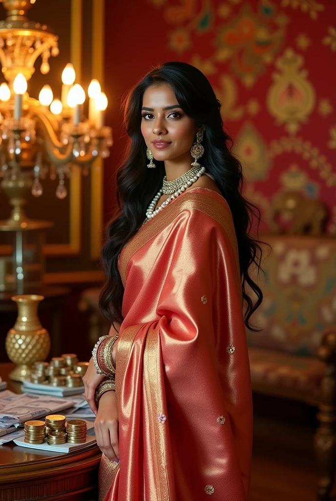An Indian women with lots of money around her