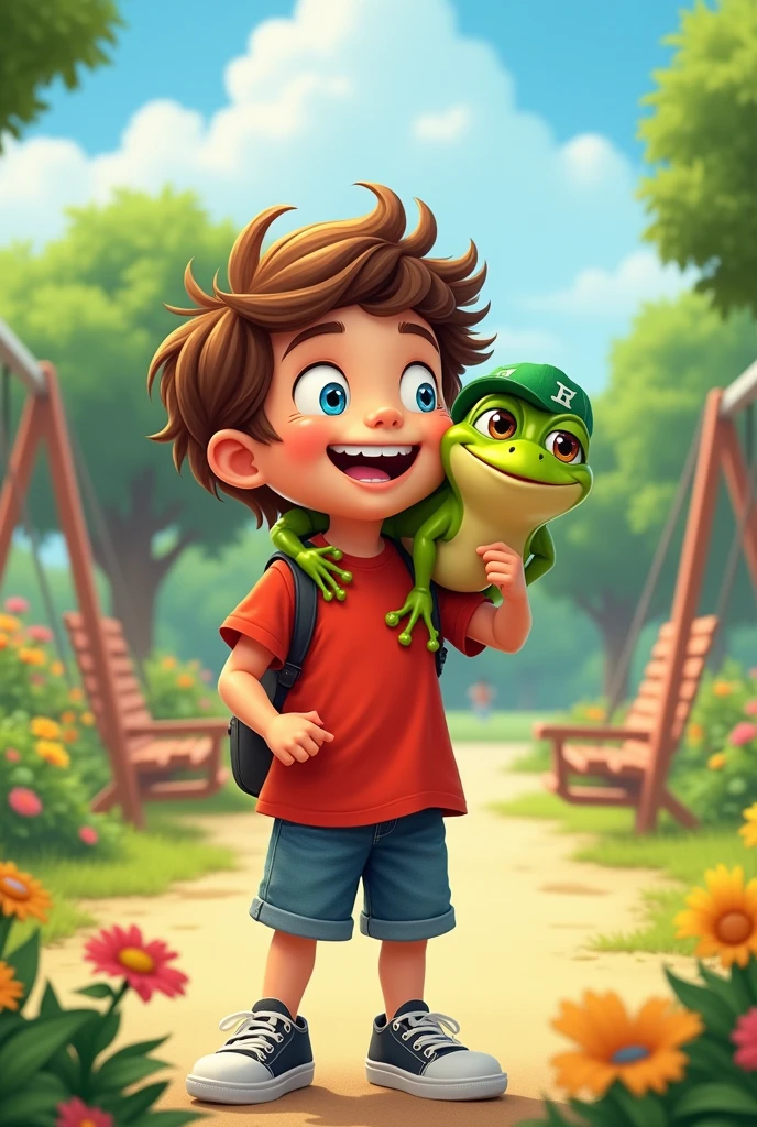 Create a cartoon image a  kid boy with a frog Best friend