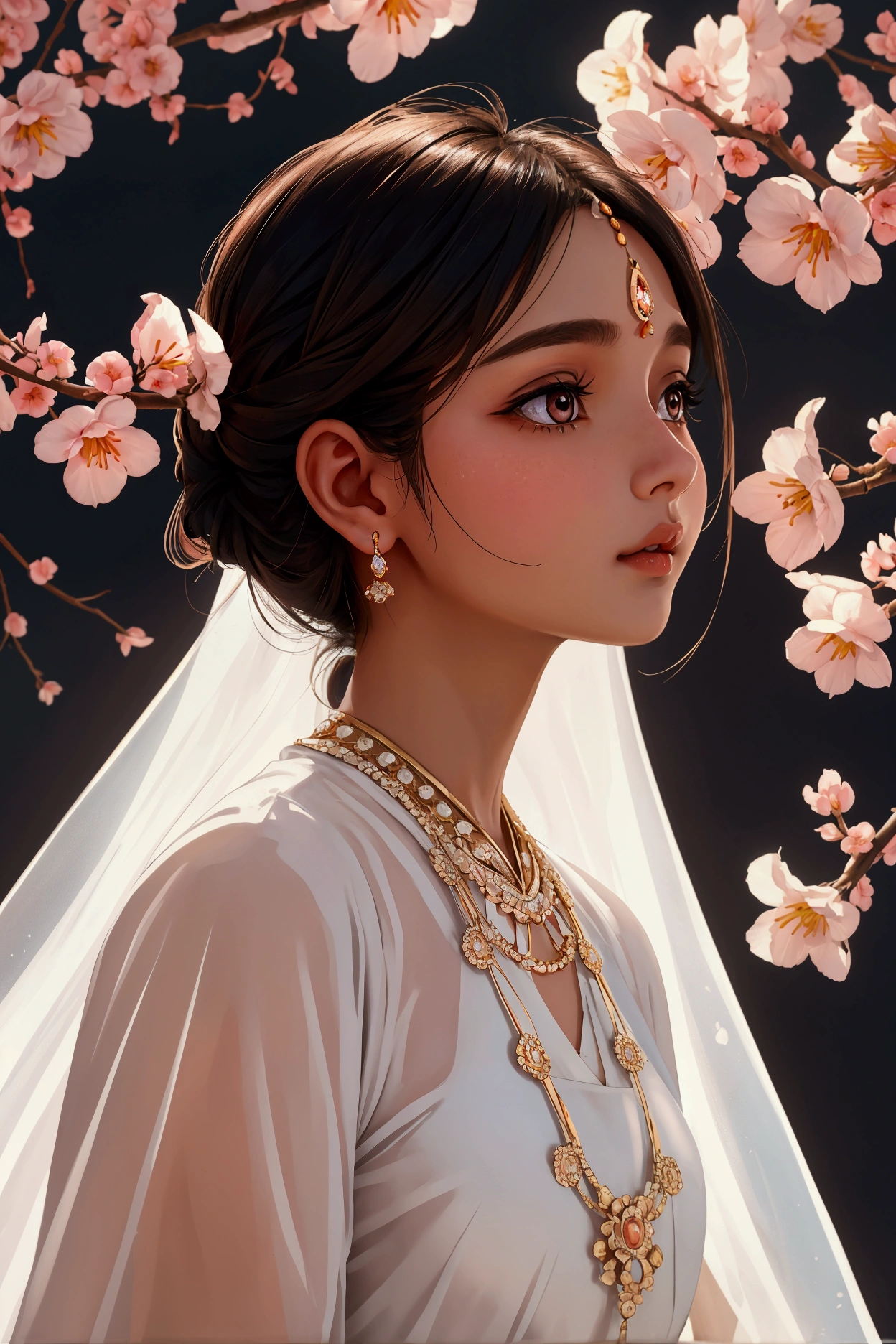 Beautiful and charming Indian woman、Translucent brown skin、Half-body photo、Attractive oval face、double eyelid、Bright peach blossom eyes、Pink Lips、Small Nose、Concentrated face、profile、Looking up at the sky、Face close-up、Ultra-high resolution、Super detailed、Graceful posture、god秘的、A background bathed in light、god々Shii、White dress。