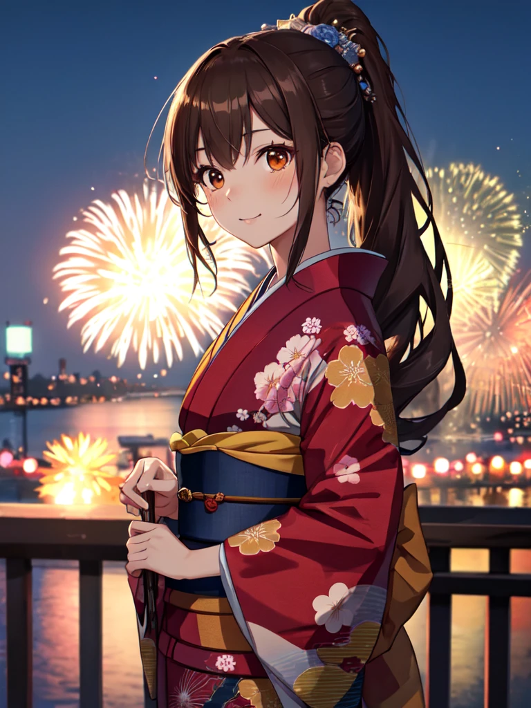 Fireworks display, kimono, Cute face:1.5, Petite:1.5, , Long Hair:1.5, ponytail, Brown Hair, uhd, retina, masterpiece, ccurate, anatomically correct, textured skin, super detail, high details, high quality, best quality, highres, 4K