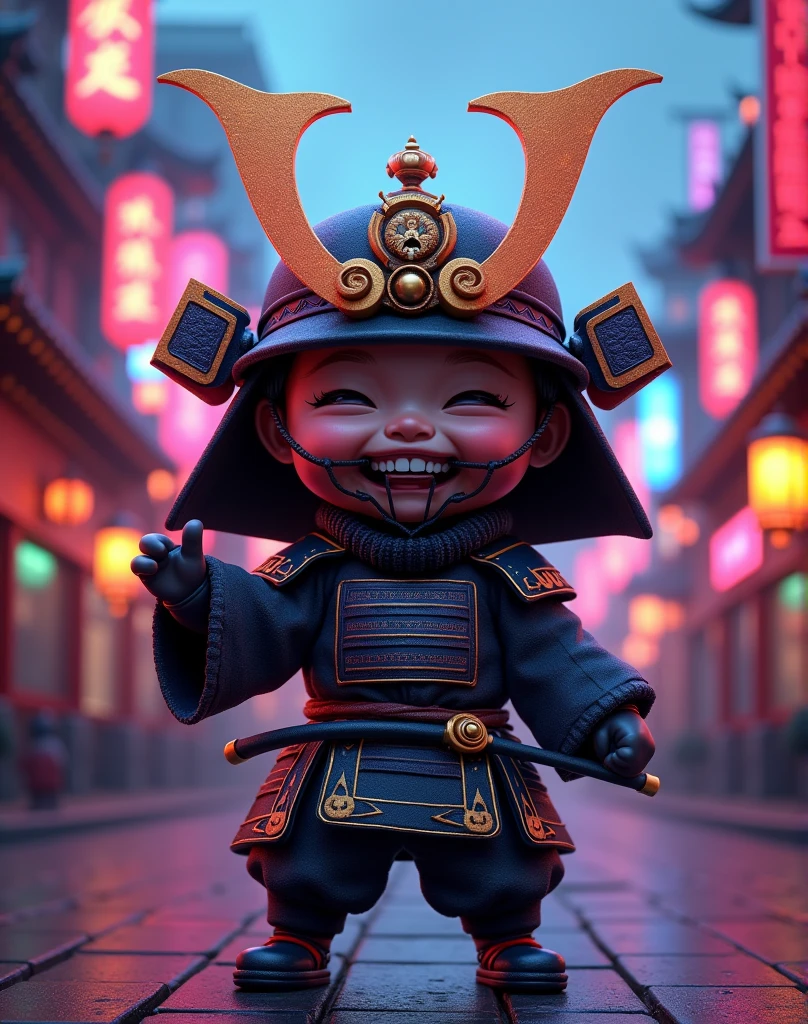 A caricature animation nijistyle cute baby ((samuray-japan)), mask-samuray detailed comic-book, body detail enhanced, glowing golden black blue-lavanda neon lights, smile excessive, insane pose, cityscape of tokio Mediaeval in the background, cinematic lighting, best quality, 8k, highres, masterpiece, ultra-detailed, realistic, photorealistic, photo-realistic, intricate Mediaeval details, advanced dark technology, dramatic shadows, moody color palette, aesthetics, dynamic lighting, cinematic composition