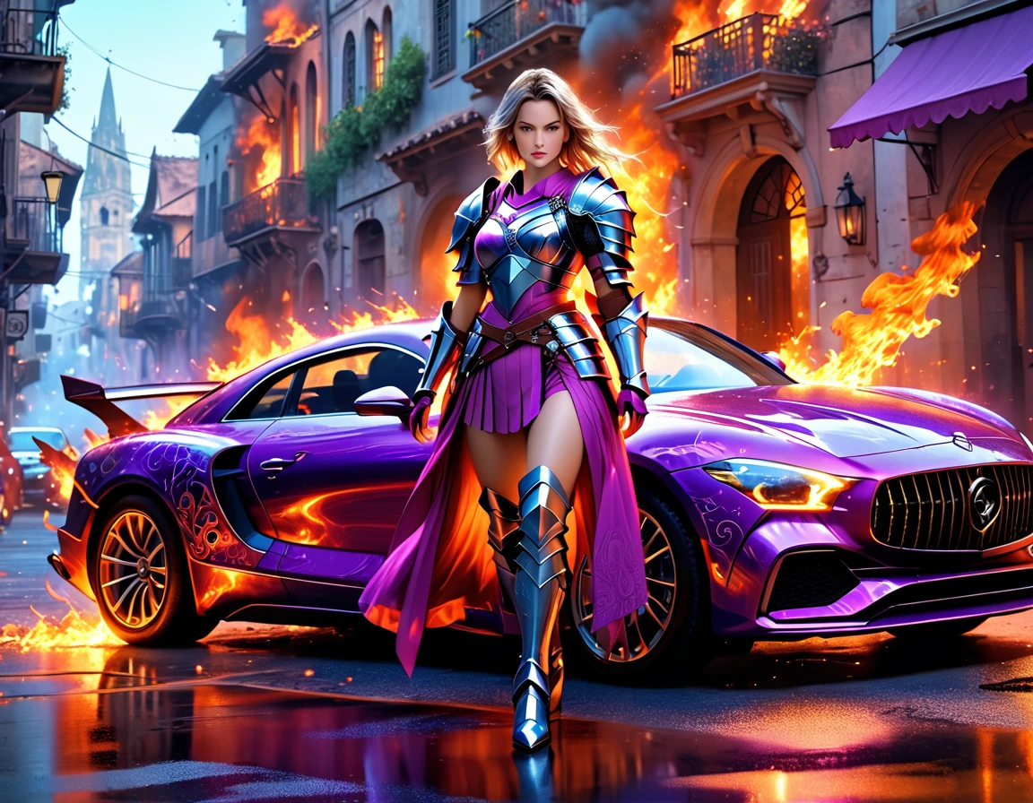a beautiful female knight ready for battle, stands near her loyal car, a mature female paladin knight, holy warrior, ((full body: 1.5)), ((anatomically correct: 1.5)), (ultra detailed face: 1.5), ((best detailed face: 1.5)), dynamic eye color, dynamic hair color, dynamic hair style dynamic skin complexion, holding a radiant sword, holy sword, divine sword, wearing intricate armor, wearing high heeled boots, BREAK standing near her car, divine car, magical car, ready to battle car, car wreathed in flames, holy intricate runes, slick car, vibrant, Ultra-high resolution, High Contrast, (masterpiece:1.5), highest quality, Best aesthetics), best details, best quality, highres, 16k, (ultra detailed: 1.5), masterpiece, best quality, (extremely detailed) RAW, (ultra details, Masterpiece, best quality), Cinematic Hollywood Film, GlowingRunesAI_purple, faize