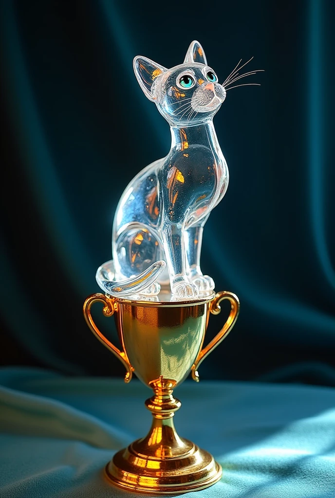 a cat is made of glass, sit on the trophy