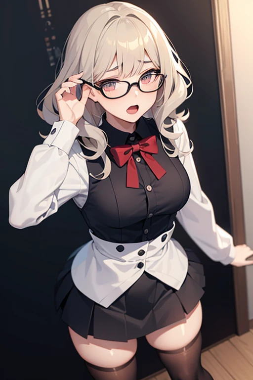 Young man, open mouth broad shoulders, crossdressing, wig long blone curly,  fake breasts, shirt, skirt, knee socks, threaten, suprised, scared, shy, modest, looking up. wearing glasses. 