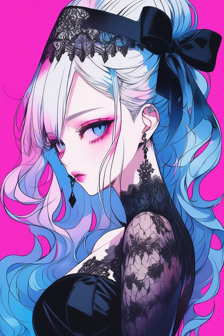 Illustrator, anime , Realistic ,sketch , 1 person, model, Age 25, lip, A sheer black gothic dress with a lot of lace, order, Blue and pink gradient background, Neon Medium Hair, Big Breasts, look back, Upper Body, Sexy look, Texture Trim, Canadian, (masterpiece,Highest quality)