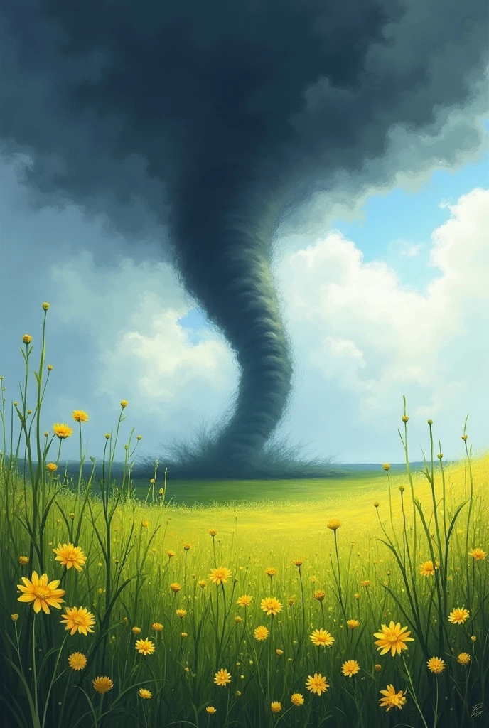 A tall and slim tornado in a field