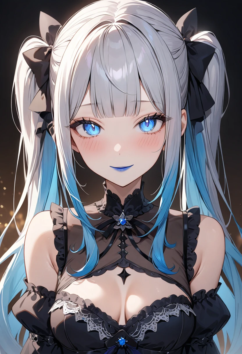(masterpiece, top quality, very aesthetic, 4k、illustration), intricate detail, 1woman,solo,contrapposto 、(tareme)、Strong glowing eyes、blunt bangs,Fair skin,(upper body)、light smile 、twintails、(Blue lipstick),beautiful face、Blushing,(gradient hair)、multicolored hair,middle hair,sidelock ,blue　eyes、gothic ta dress、medium breasts、slender 、